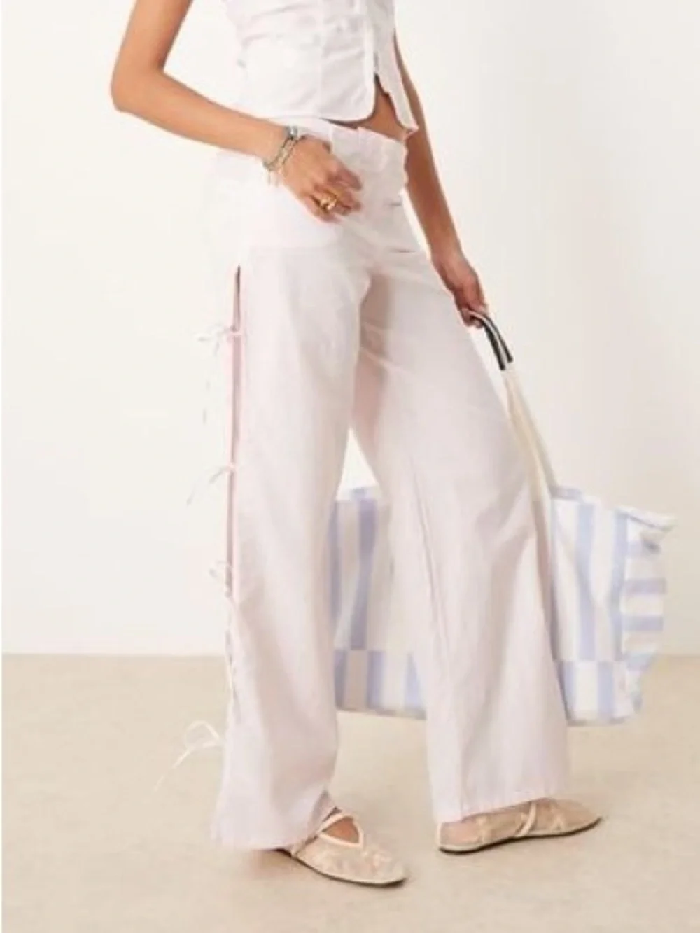Mango Straight Pants with Slits and Bows in Pastel Pink - EUC